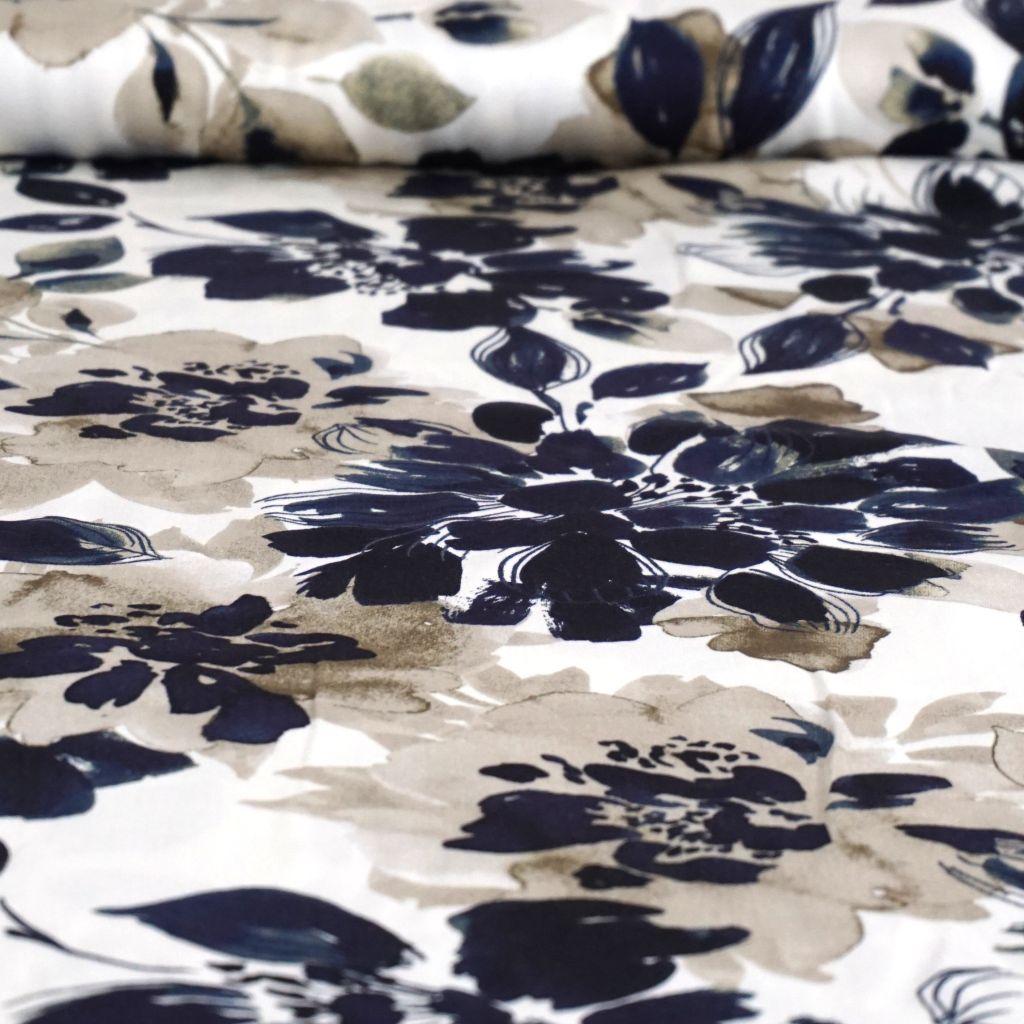 Viskose Druck Satin Blüten creme blau beige